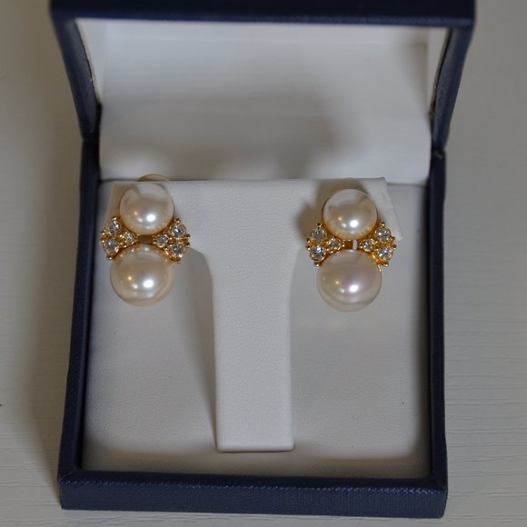 Vintage CHRISTIAN DIOR Double Pearl Rhinestone Earrings - Picture 2 of 11
